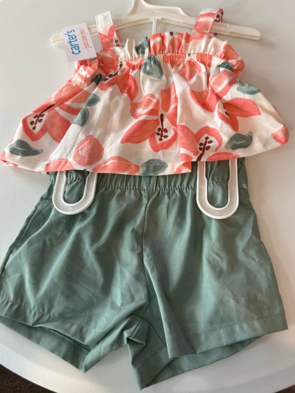 Carter's Peach Floral Ruffle Tank and Sage Green Shorts Set